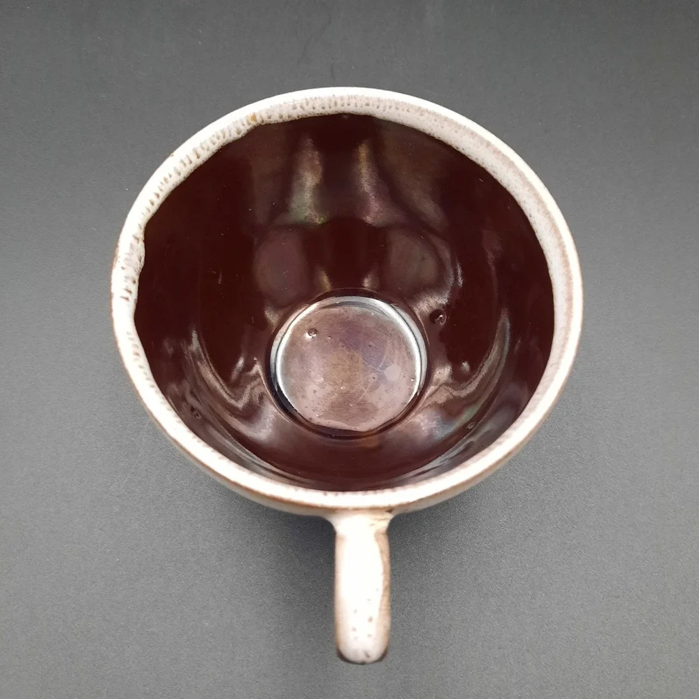 Vintage Brown Glazed Ceramic‎ Teacup with Cream Rim and Loop Handle